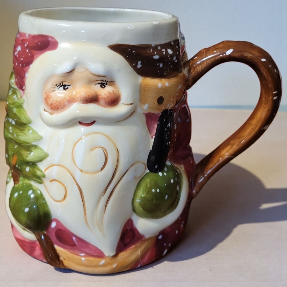 NWOT  Home Christmas Holiday Ceramic Hand Painted Large 3D Santa Mug Cup Coffee